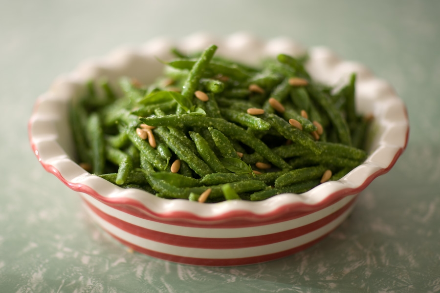 Green beans with pesto dressing and pine nuts.  Photo:  Rodney Weidland