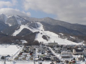 The town of Funaro, nestled at the bottom of the mountains.