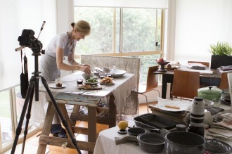 Casseroles and cameras: Belinda Jeffery getting ready for a photo shoot at her home in Mullumbimby.