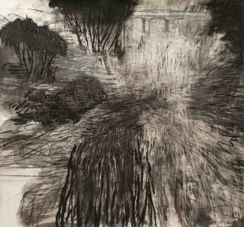 Emma Walker, Keys Bridge in Flood 150x200cm, 2014, charcoal, graphite, pastel, pencils and erasers on paper.