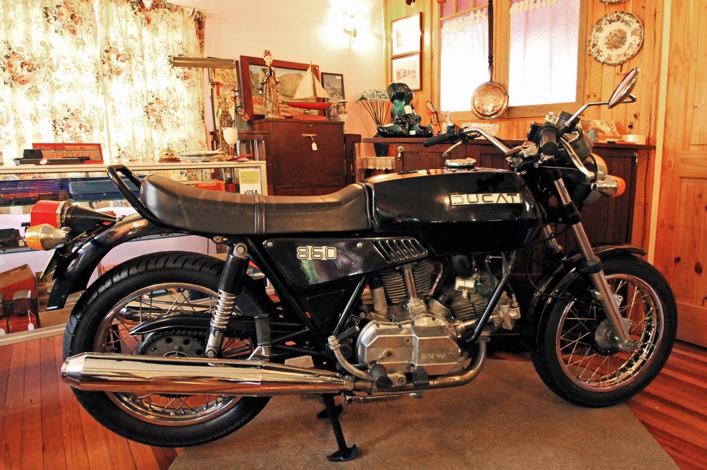 This rare 1975 GT Ducati motorcycle in original condition is for sale at the quirky Calamia Cottage Collectables in Old Grevillia.