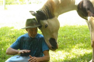 Doug and Echo enjoing a soulful moment during a horse and musician get together at Aurora Valley, run by Beate Somer.