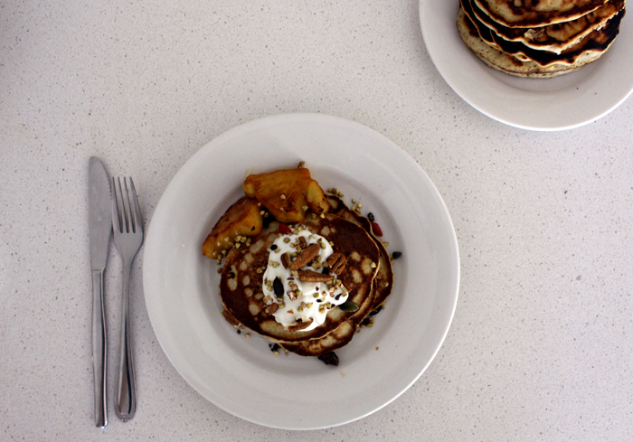 Hummingbird Pancakes with caramelized pineapple and toasted pecans.