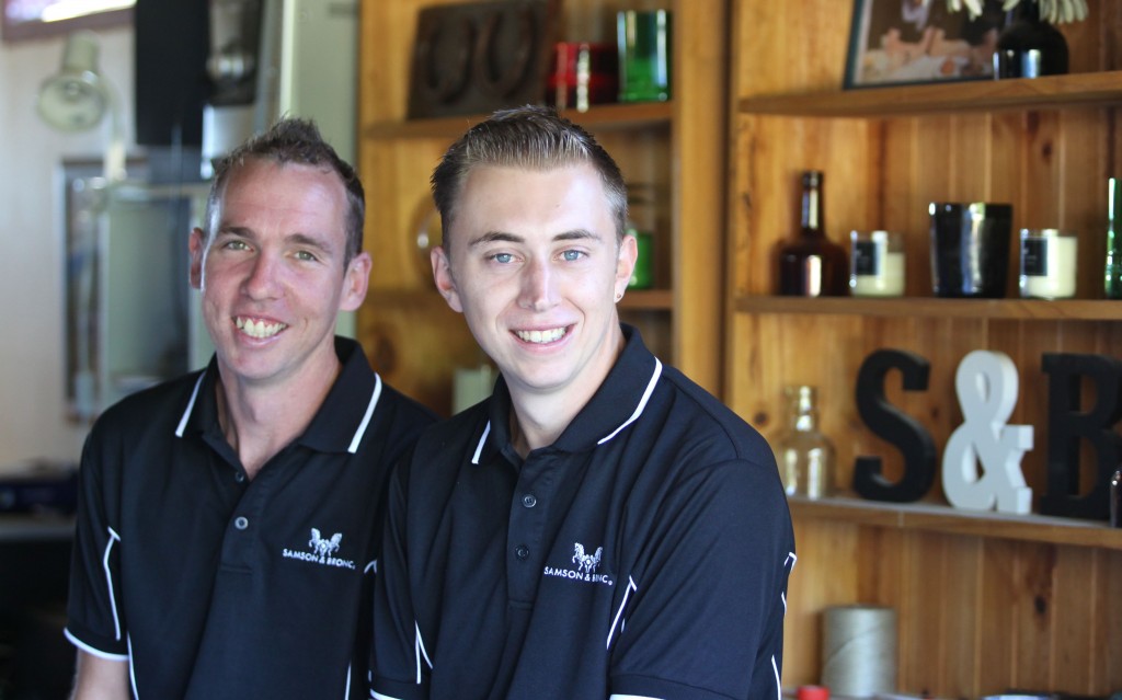 Brendon Thurgate (left), and Sam Drewe in their barn/office...