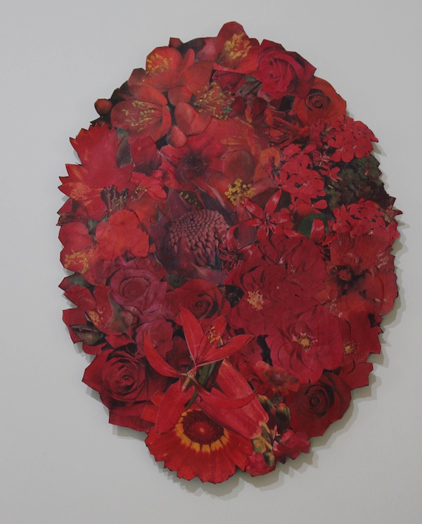 Robyn Sweaney 'Garden Red'; collage and acrylic on paper, 33x24cm.