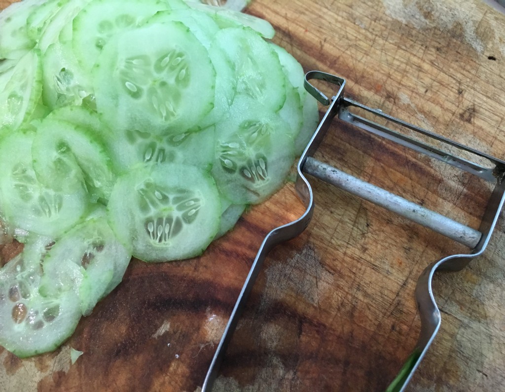 Finely sliced cucumber...