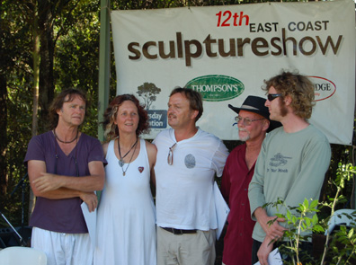 Dev Lengjel, centre with artist Ken Jonson, far left at the Sculpture Show.