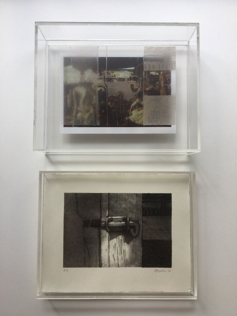 Christine Porter: 'Shadow Box IX'; engraved perspex box with gallery postcard, 19x15x5cm (top). 'Locked' 2016, drypoint 18.5x14.5cm (bottom).