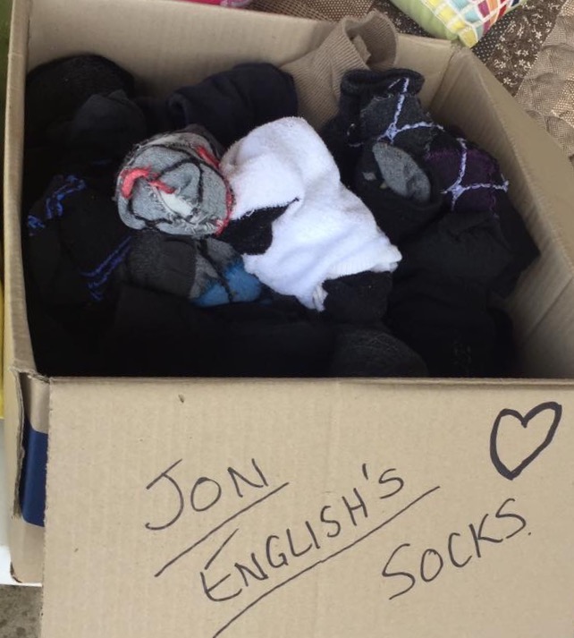 Jon English's wife sent a box of his socks to the appeal!